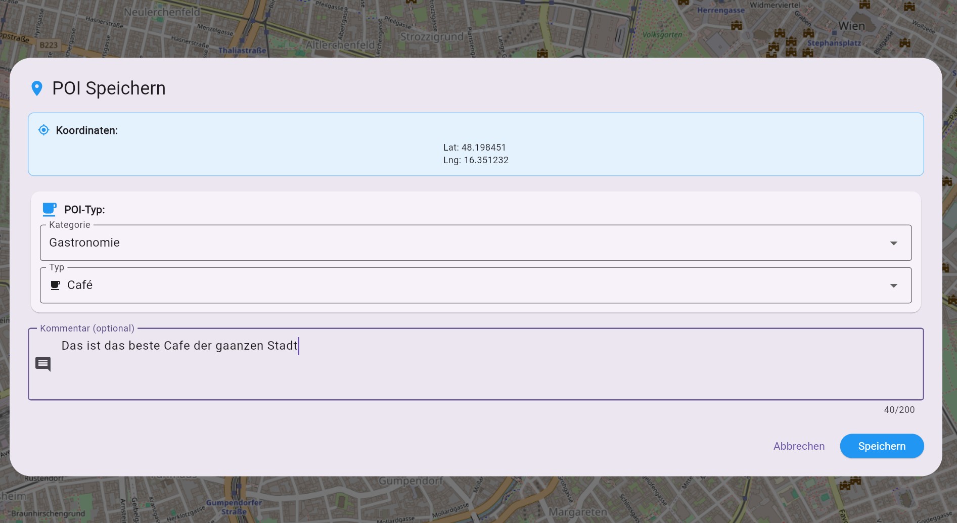 GPS Explorer POI Erstellung Dialog mit Kategorisierung und Kommentar-Funktion