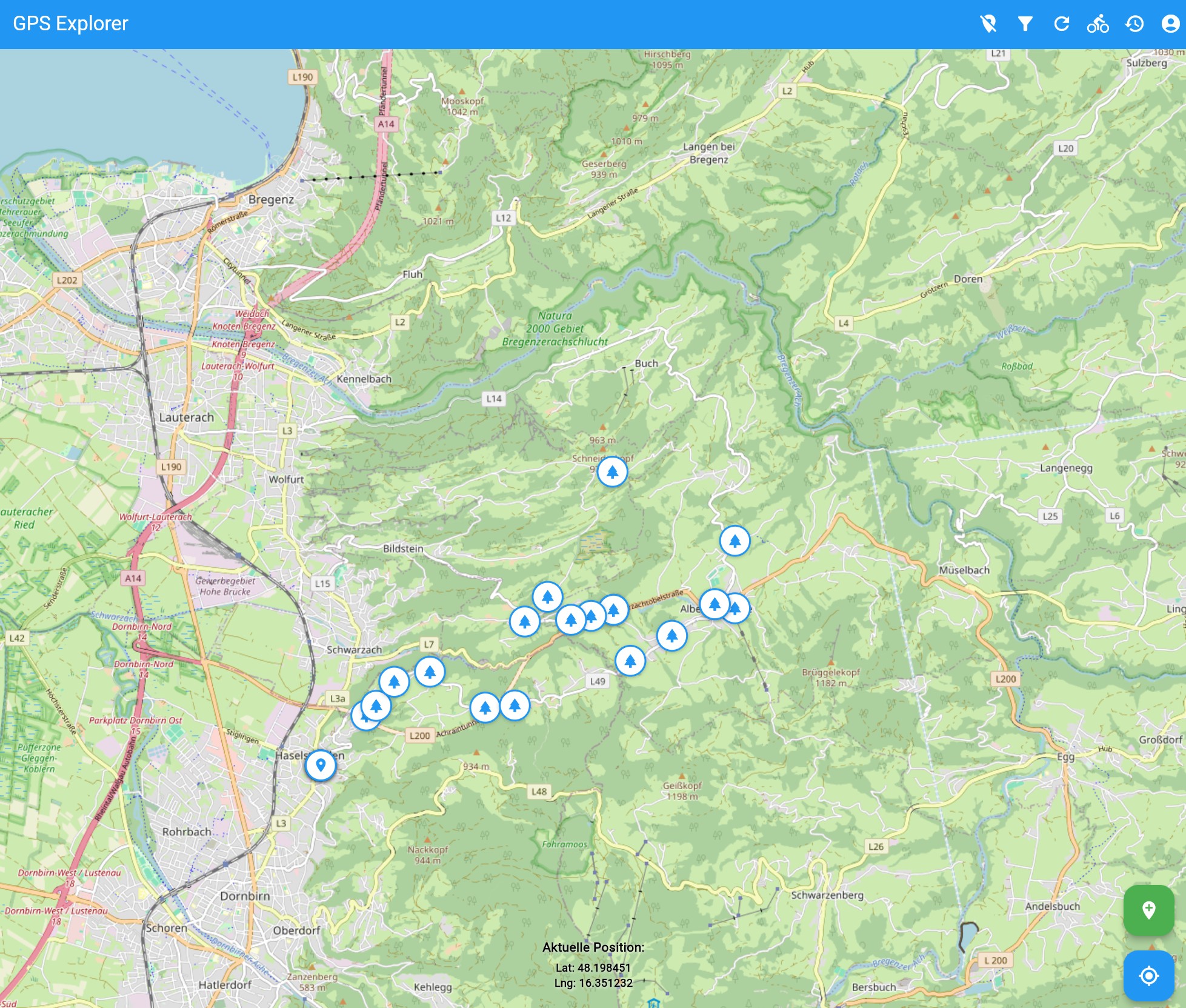 GPS Explorer App Hauptkarte mit POI-Markern und interaktiver OpenStreetMap Navigation