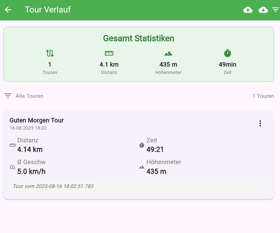 GPS Explorer Tour-Verlauf mit Übersicht aufgezeichneter Routen und Route-Management