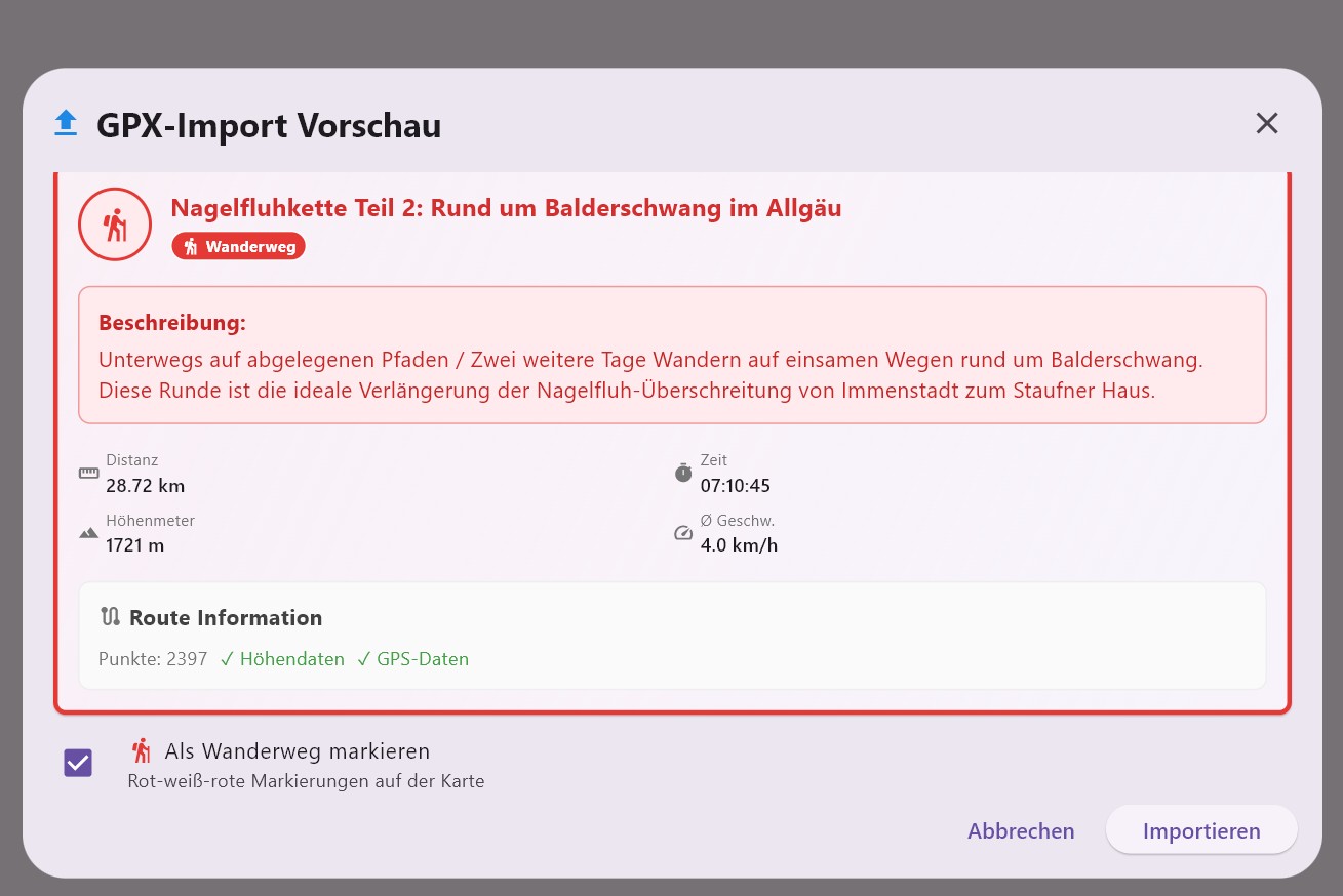 GPS Explorer GPX Datei Import mit automatischer Fahrzeugtyp-Erkennung und Höhendaten