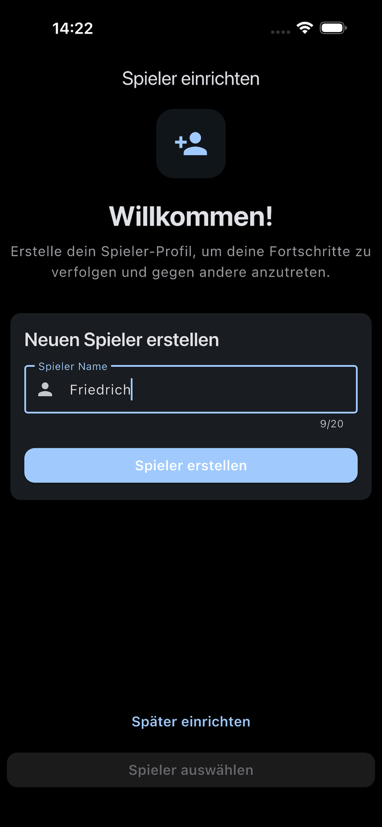Memory Game Spieleransicht auf iPhone mit Spieler-Erstellung und Willkommen-Bildschirm